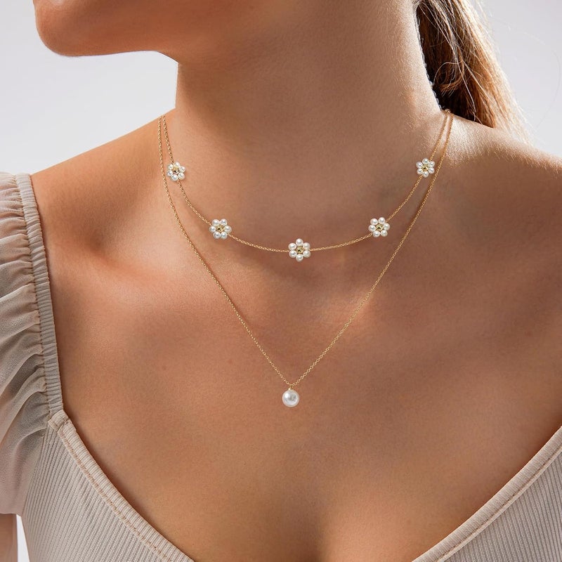 Zeffy Gold Pearl Necklace for Women, Dainty 14K Gold/Silve Plated Layered Pearl Choker Pearl Earrings Pearl Bracelets Wedding Trendy Gold Jewelry Set for Women Gifts - Image 2